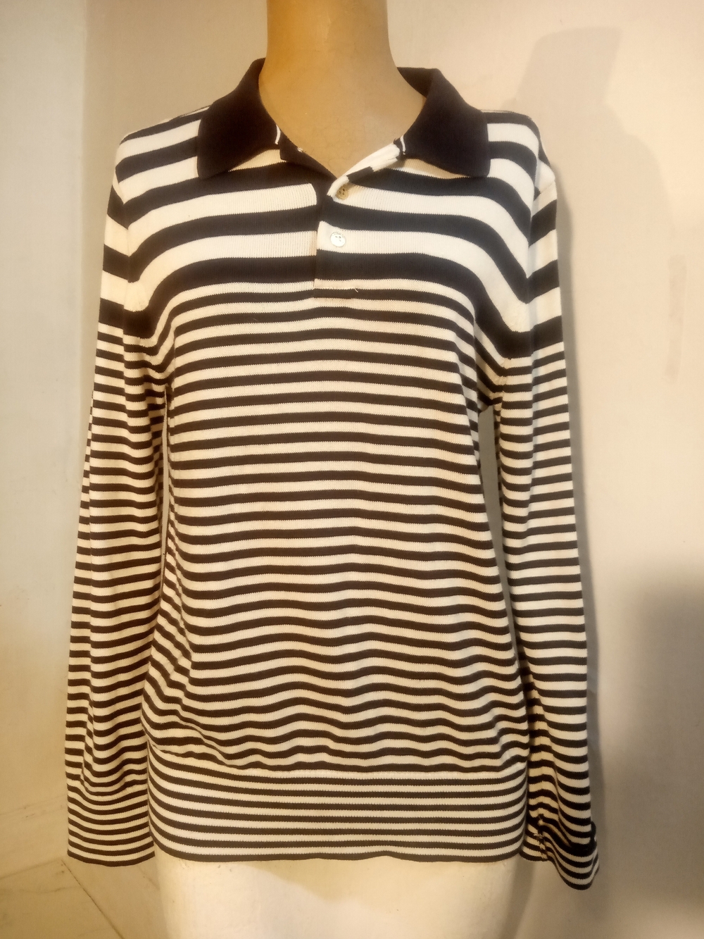 Nautica Black and White Striped V-Neck Polo Sweater - Women